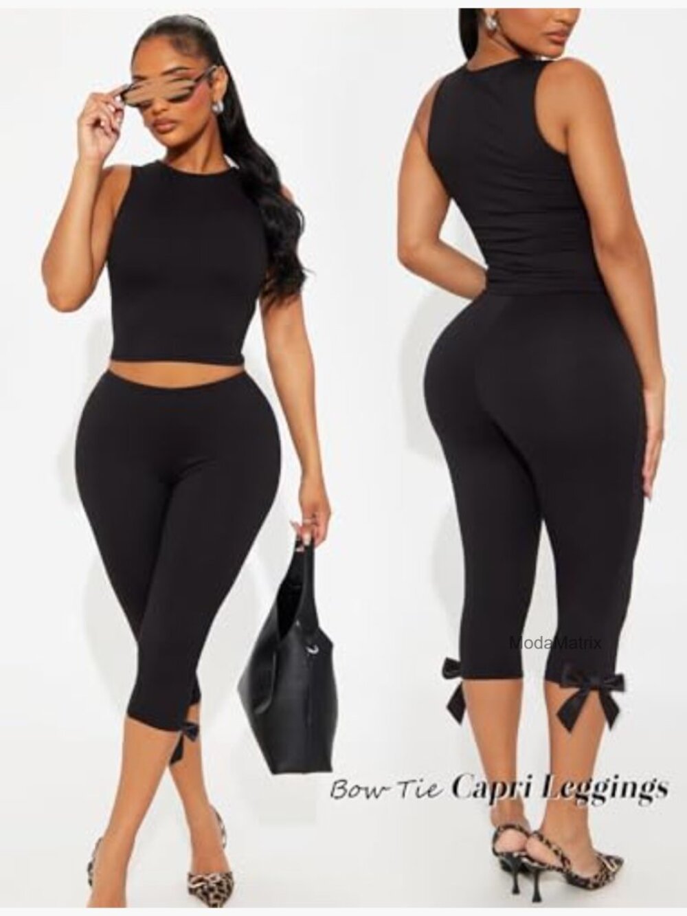 Dressy Capri Leggings with Bow Tie Details High Rise Side Skinny - Picture 4 of 6